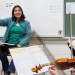 Maria Lorcas, originally from Venezuela, teaches the elementary strings lessons in Spanish, English and Italian.