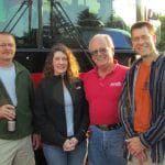 Driver Barry Darr (red shirt) on Discovery 2011 with parent chaperones Larry Sauder and Shari Sutttles and Paul Leaman, head of school (far right).