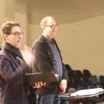 Paul Smith,  author of the Voces8 Method, leads a workshop with EMS Touring Choir, February 2020. Jared Stutzman, choir director, joins