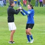 Andrew Gascho, girls varsity soccer coach, and Leah Wenger '16, goalie, following the Blue Ridge Conference title win, 2016.