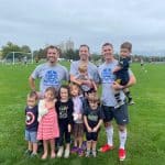 Chico brothers, left to right: Scott '5, Ryan '02 and Kevin '08 with their children at the alumni soccer match. 