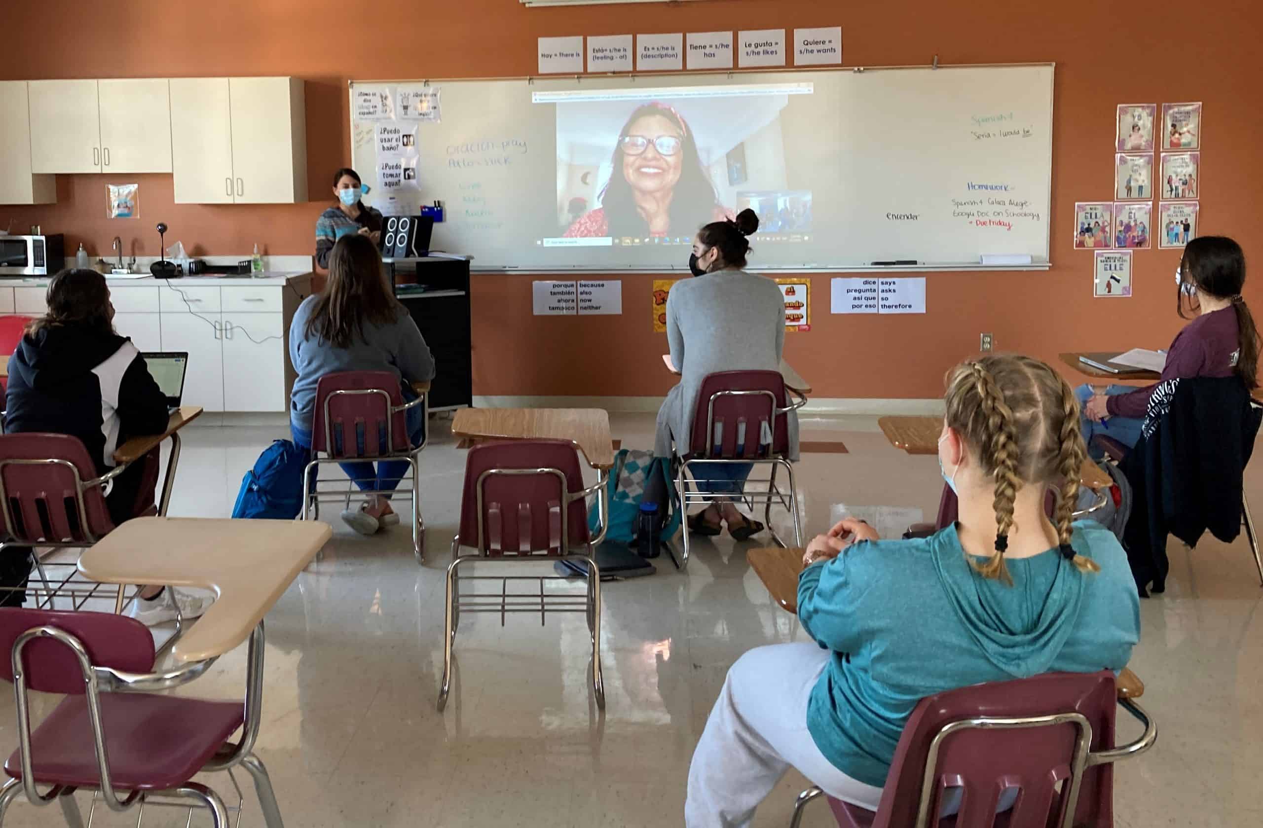 Students chat with Ms. Eshelman-Robles' mother,  Sonia Maltez, in Guatemala.