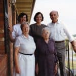 Helen Trumbo Shank's immediate family, 1989. Front, Helen and her mother, Sarah Meyers Trumbo. Back row: twin sisters, Alma Jane Alderfer, Thelma Jean Shank and, brother, Norvell Trumbo. Photo courtesy Joe Alderfer.