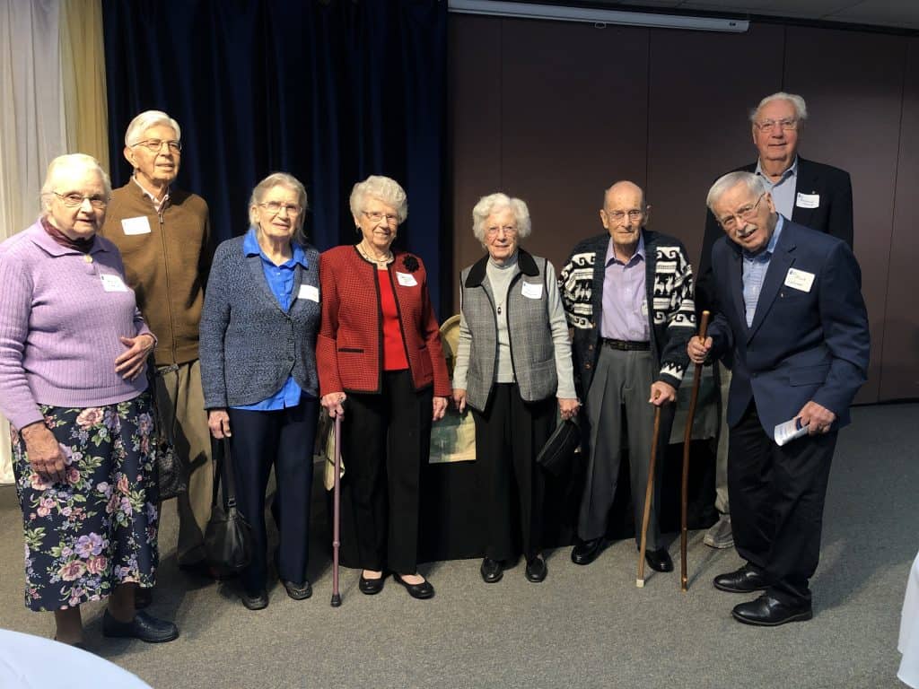 Members of the class of 1947 gather over breakfast to mark their 75th reunion.
