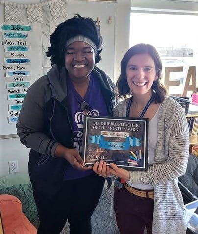 Q101 presents Erika Gascho with the Blue Ribbon Teacher of the Month Award for February 2023.