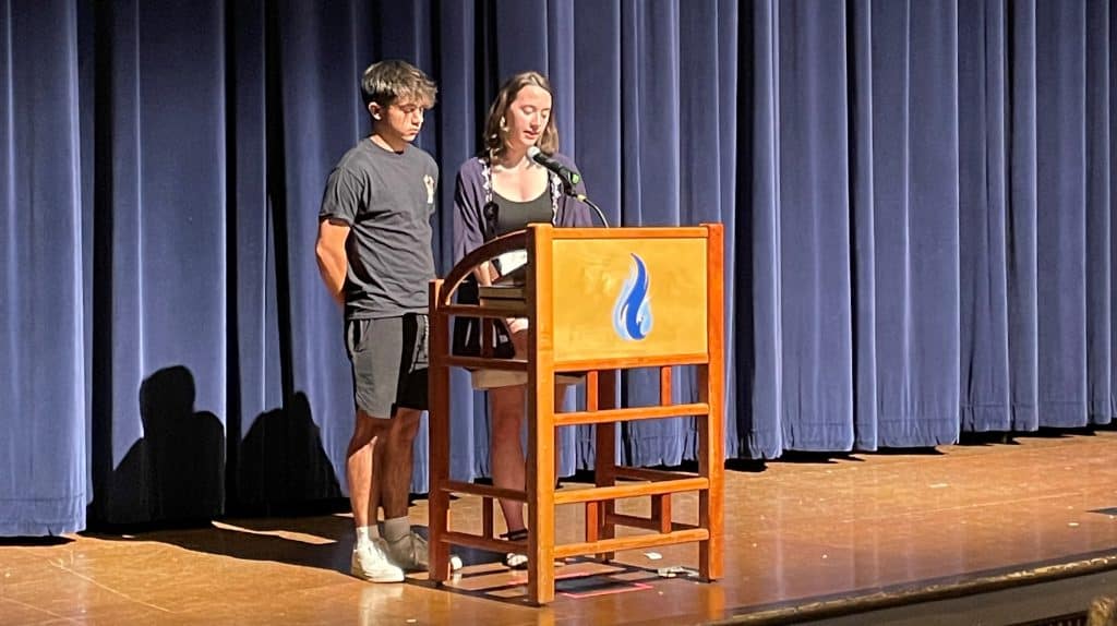 Andrew Lantz and Emily Hess shared reflections on the class of '23 in their last chapel