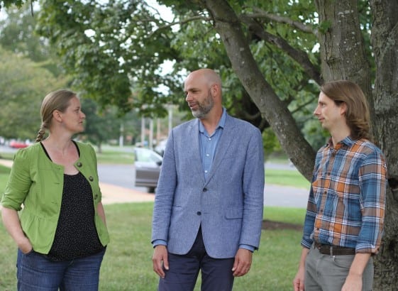 Bible teachers talk together. L-R Karen Suderman, Ben Bixler, and Nathan Hershberger